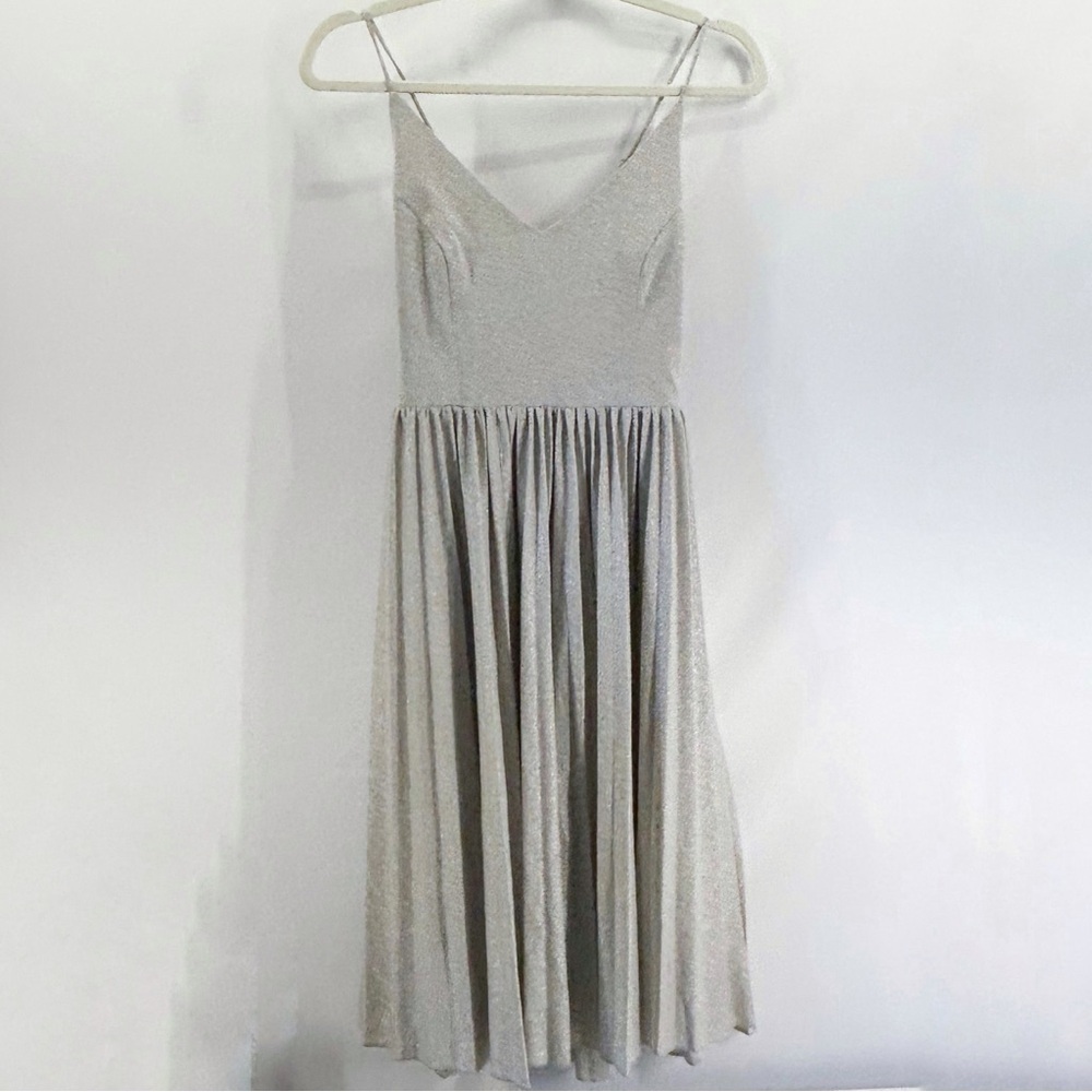 Anthropologie Elevenses Silver Pleated Sleeveless Flare Midi Dress Size 4P